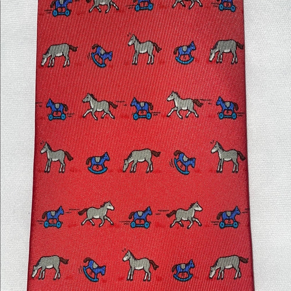 Hermes Red and Blue Silk Tie with Pony and Rocking Horse Design - Picture 5 of 6